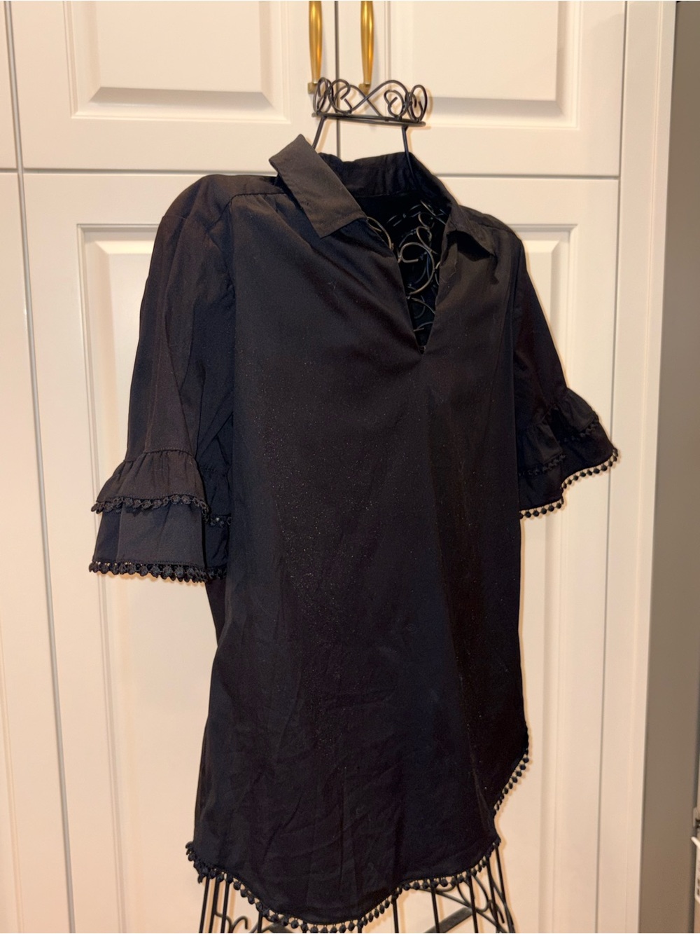 Chicos Women's Black Pom-Pom Trim Collared Top